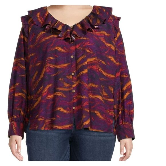 Terra & Sky Plus Size Long Sleeve Ruffle Blouse Top Purple Multi 3X NEW - Picture 7 of 8